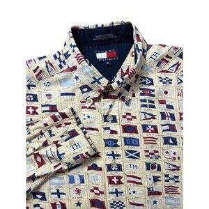 VTG Tommy Hilfiger Shirt Mens Medium Yellow Sailing Flags Button Front Oversized